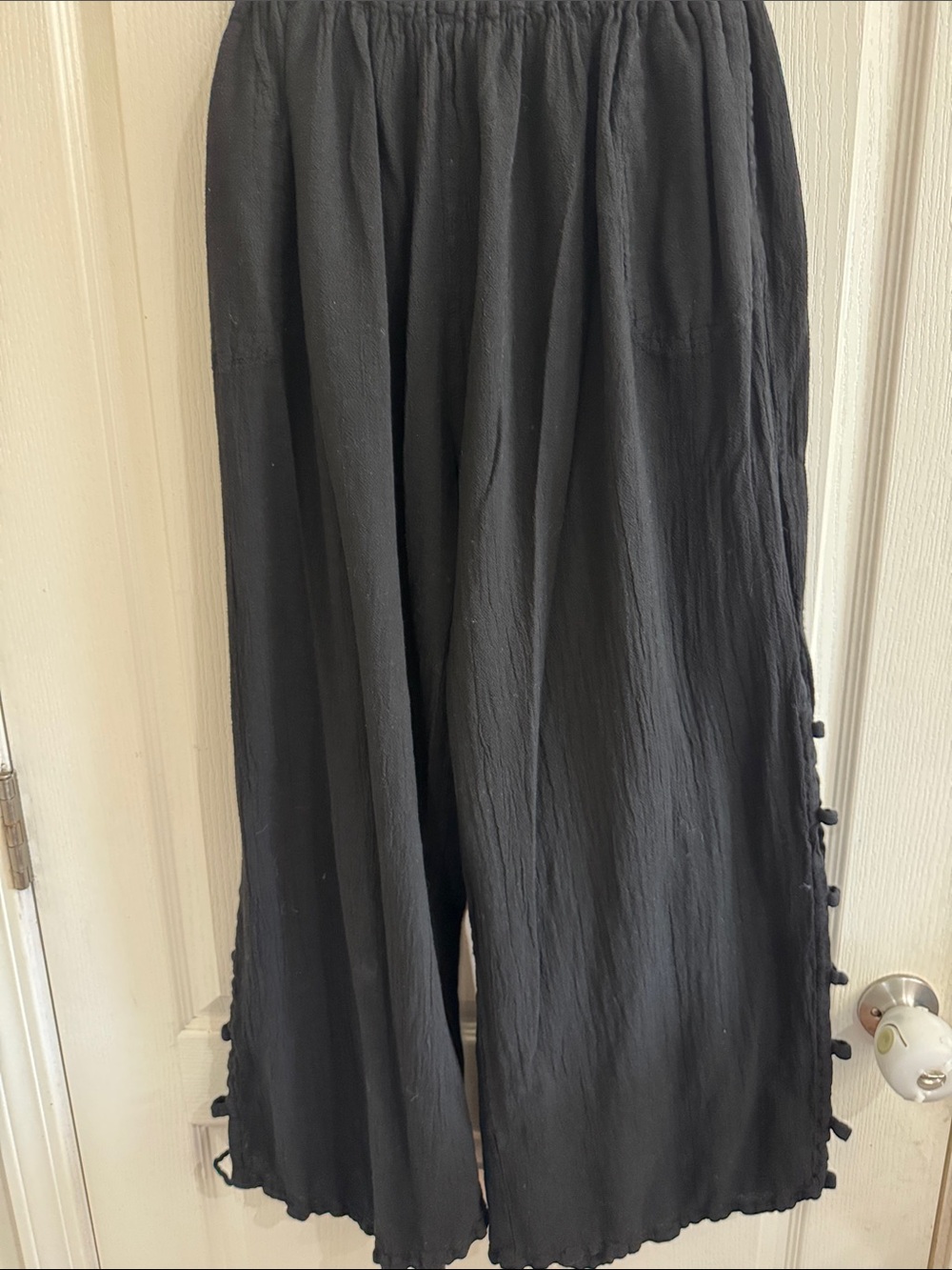 Black Wide-Leg Pom-Trim Pants